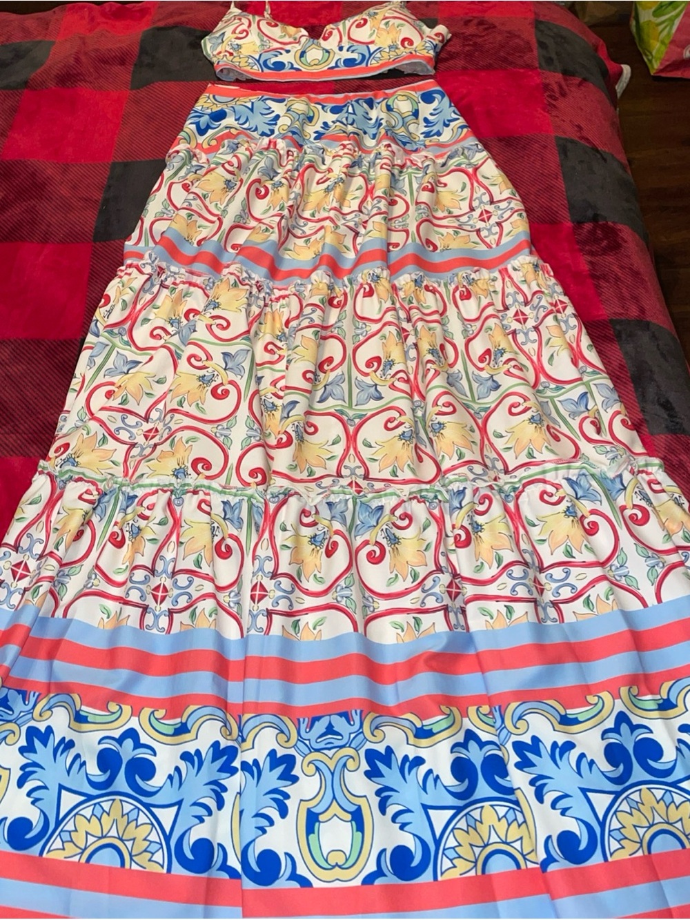 Botanical Scroll Two-Piece Skirt Set in Red, Blue and Yellow